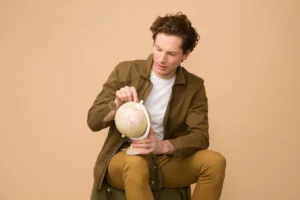 In the picture, a young man looking at a globe.